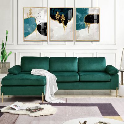 Canapé d'angle en mousse avec méridienne en velours - Style moderne du milieu du siècle, structure en bois massif et métal, pieds en laiton doré, assise rembourrée, forme en L