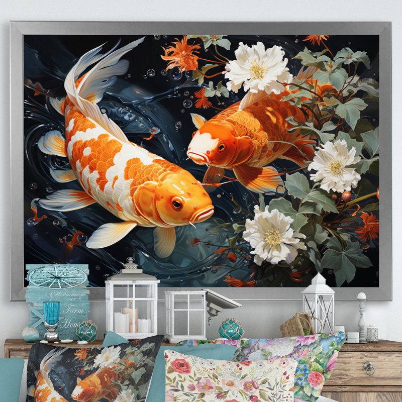 Asian Art Koi Dance II - reproduction d'art, H 30 po x l 40 po x P 1,5 po, Cadre photo argenté