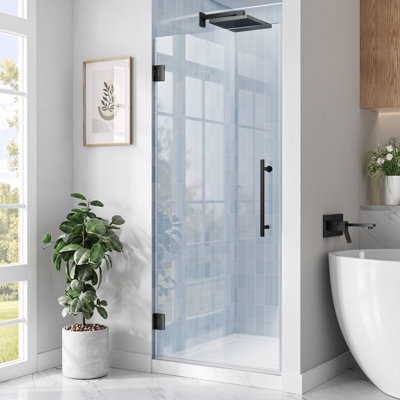32 po x 72 po. Porte de douche à charnière entièrement sans cadre, verre trempé de 3/8 po (10 mm) avec accoudoirs en acier inoxydable, nickel brossé