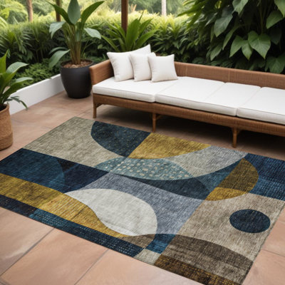 Tapis intérieur lavable abstrait bleu doré et gris 8 pi x 10 pi
