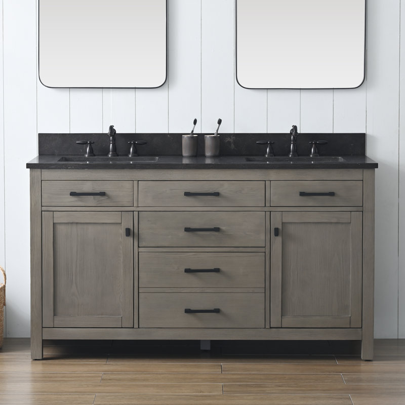 Ajiya 60" Double Bathroom Vanity, Textured Gray/Matte Black, Blue Limestone