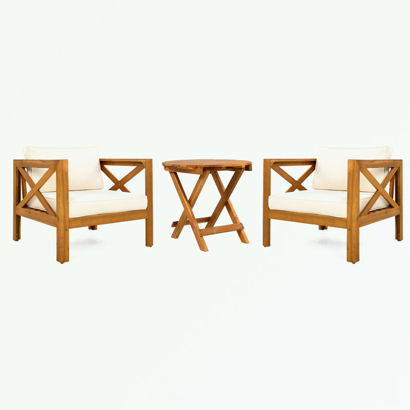 Ensemble de conversation de patio 3 pièces avec table ronde et coussins moelleux, Beige