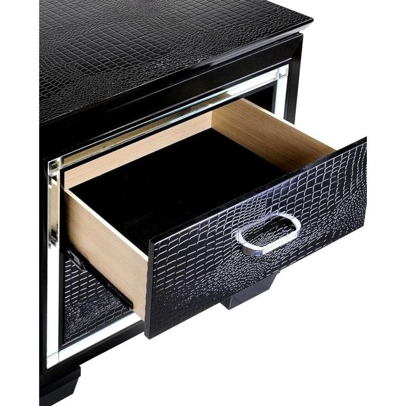 Table de chevet noire avec poignées en croûte de diamant et tiroirs de rangement de chambre à coucher de style contemporain à DEL