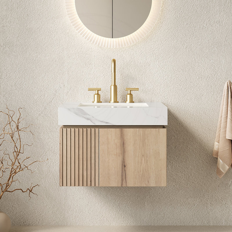 Meuble-lavabo 24 po avec lavabo, comptoir en pierre frittée flottante et lavabo en céramique, Chêne blanc