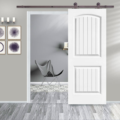 Panelled Wood and Metal Primed Barn Door with Installation Hardware Kit