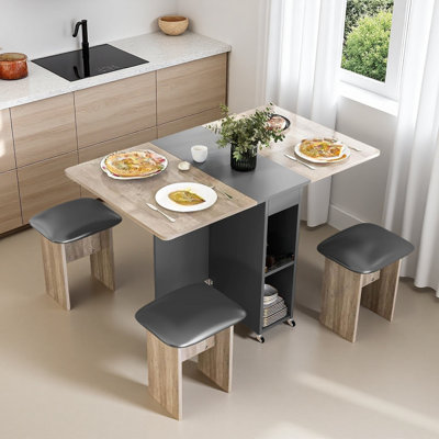 Foldable Dining Table Set With 4 Stools, Rolling Extendable Kitchen Table For Small Spaces, Multifunctional Convertible Desk, 4 Colors