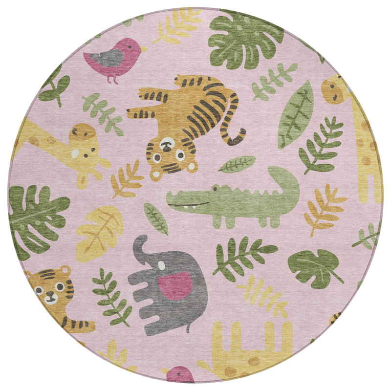 Machine Washable Indoor/Outdoor Chantille ACN2578 Kids Rug, Pink, 8' Round