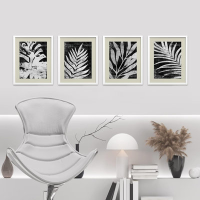 Ensemble de 4 reproductions murales botaniques florales noires et blanches industrielles sur toile, impression de 4 pièces