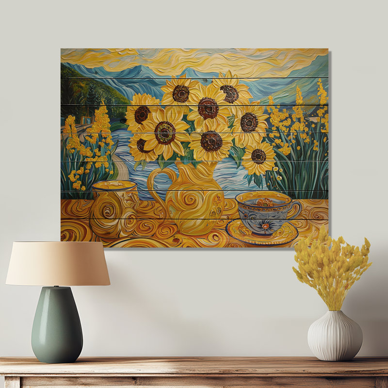 «Mexico Pottery Inspired By Vincent II», art mural en bois tournesols sur bois de pin naturel, H 34 po x l 44 po