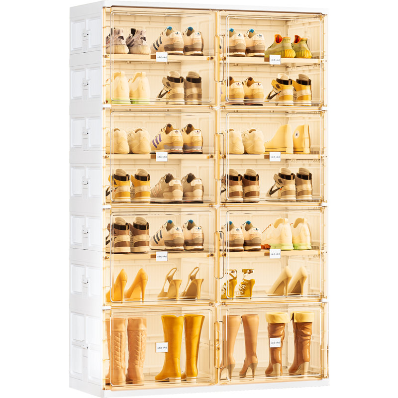  7-Tier Double Column Foldable Shoe Storage Cabinet With Magnetic Doors For Closet Entryway In White