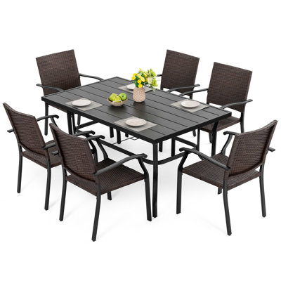 Suoa Patio 7-Piece Wicker Iron Dining Set with 1.57'' Umbrella Hole, Black