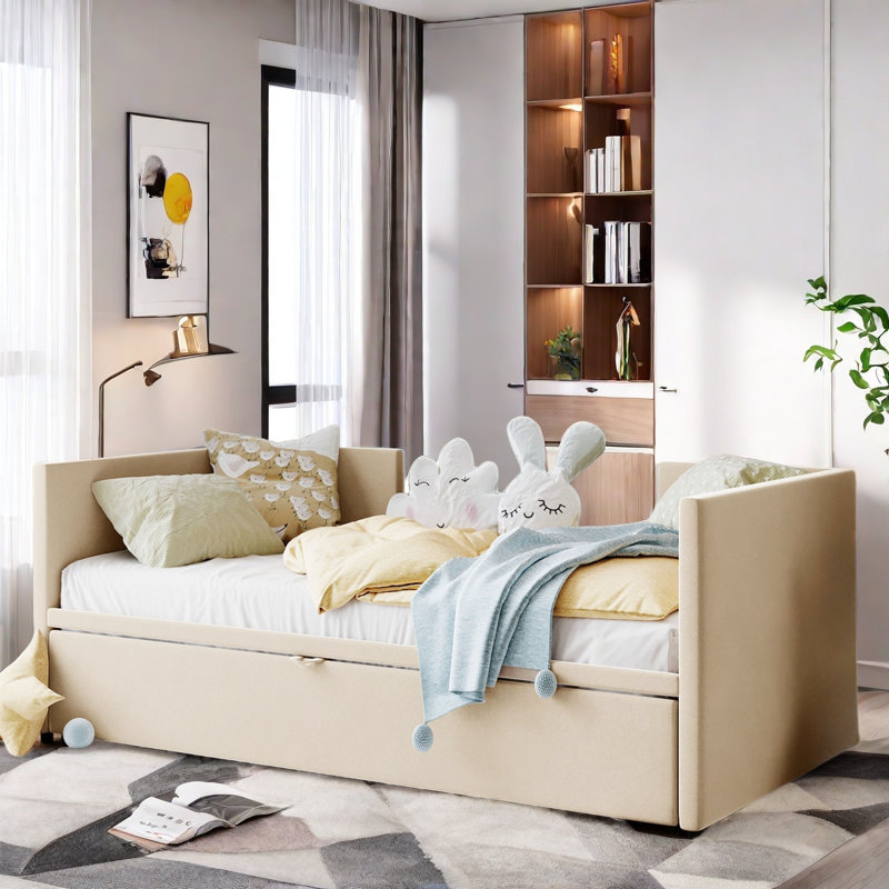 Upholstered Daybed with Pop Up Trundle Amala, Beige