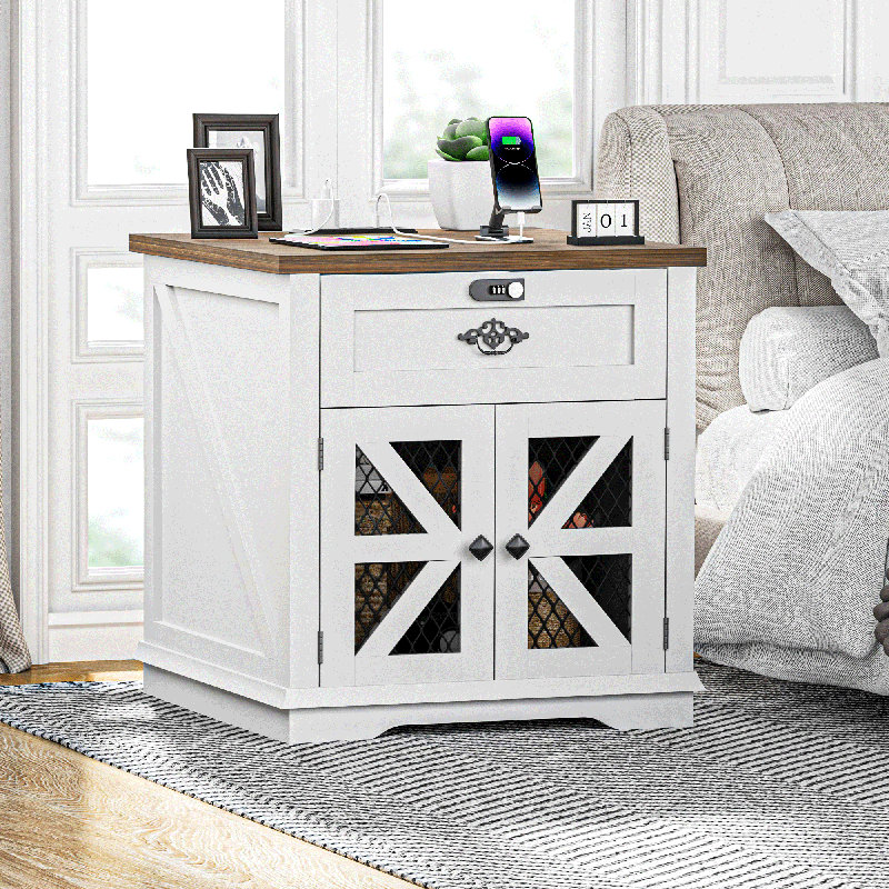 Farmhouse Nightstand Side Table with Chargers, 24” Side Table with Drawer Combination Lock and Wire Barn Door, White