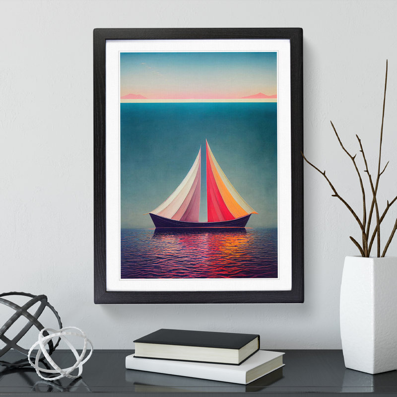 Boat On The Ocean Watercolour No.3 - Single Picture Frame Print, Black, 64cm H x 46cm W x 2cm D