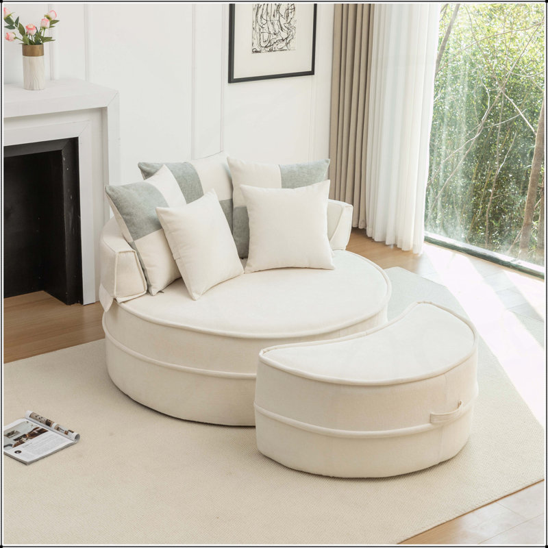 Oversized Round Accent Barrel Chair with 5 Pillows, Beige