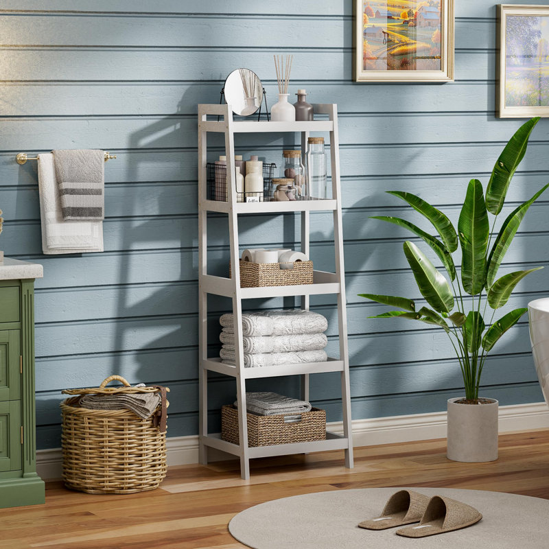 127cm H x 43.2cm W Bamboo / Rattan Ladder Bookcase, White