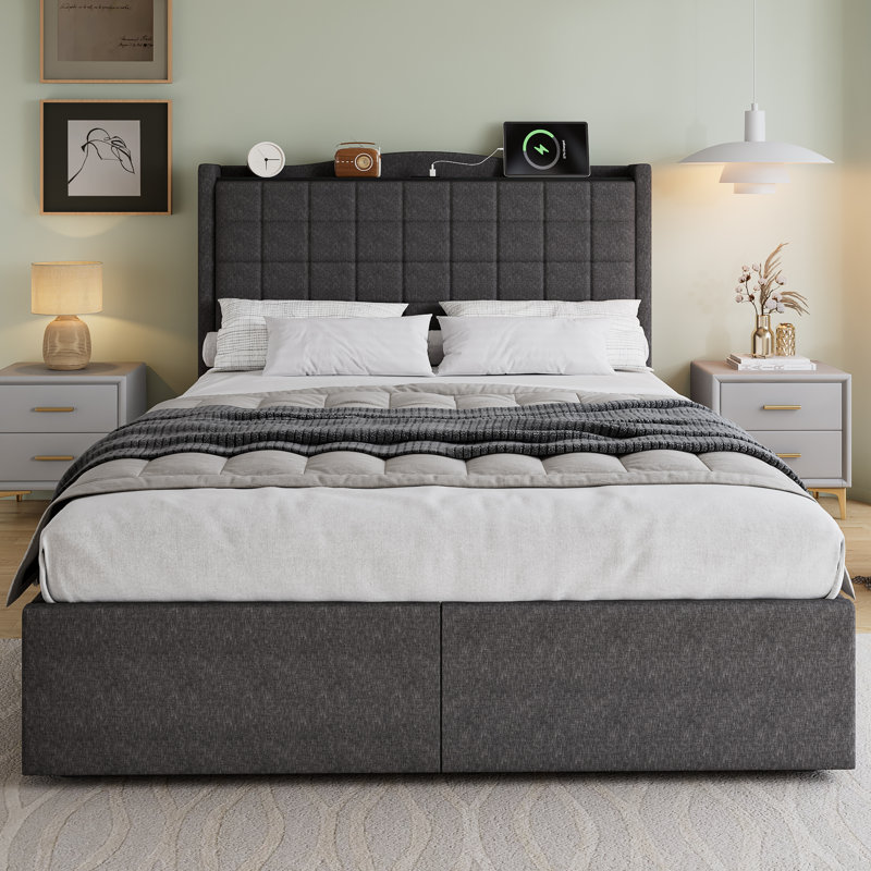 4FT6 Double Storage Bed 135x190cm Upholstered Linen Frame with 4 Drawers and USB Ports for