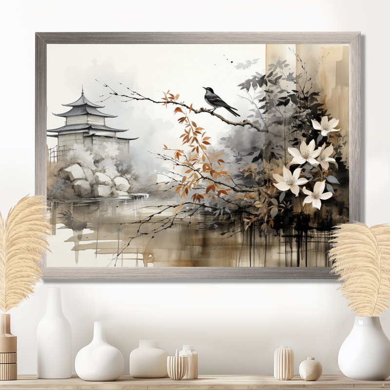 Asian Art Sumi Bird Serenity I - Art mural asiatique, Cadre flottant doré, H 24 po x l 32 po x P 1 po