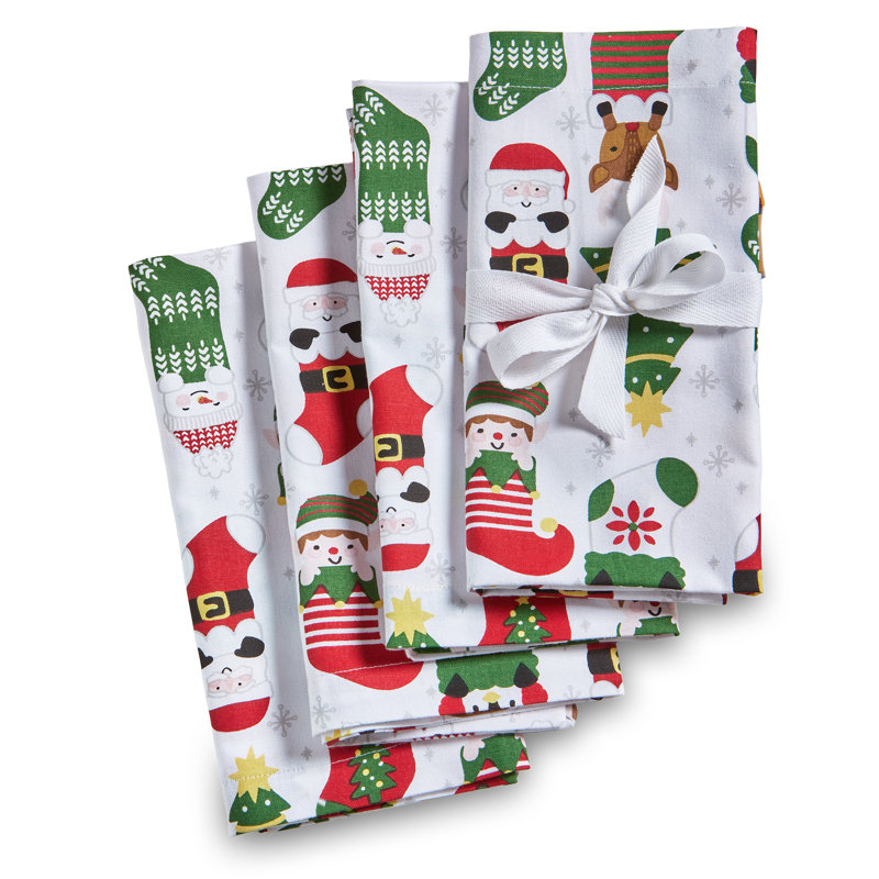 Holiday Cheer Stocking Napkin Set Of 4 Red Cotton Christmas, Red