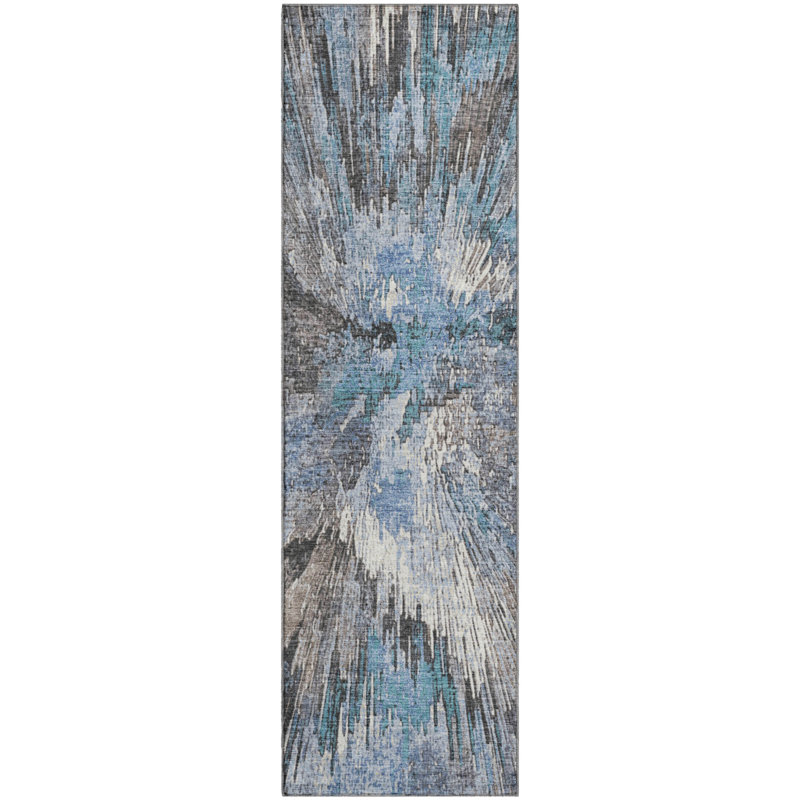 Premium Machine Washable Mayfield AMF2283 Abstract Rug, Denim, 2'3" x 7'6" Runner