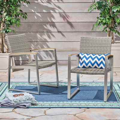 Two Grey Patio Chairs For Dining, Faux - Wood Arms, Rust Proof Aluminum Frames, Mesh Seat And Back, 21.91 In Depth, 24.28 Width, 33.31 Height, 10.49 Lb, Suitable Gathering Dining Chairs, Of Two,