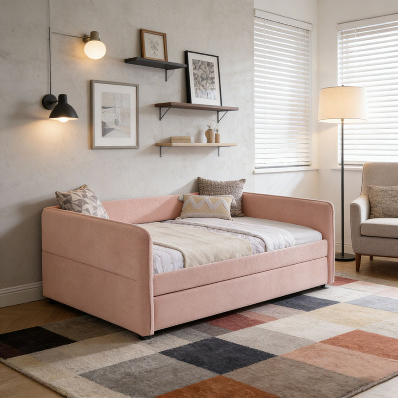 Lit de jour en tissu Boucle, Double 2, Rose - Lit gigogne