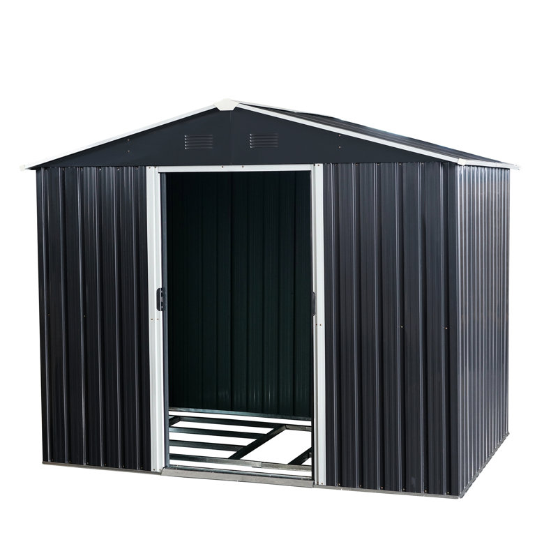 Remise d'extérieur en métal 8 pi x 6 pi - noir, structure en fer galvanisé pour la robustesse, évents perforés, porte coulissante avec verrou, étapes d'assemblage faciles, durabilité, cadenas, trousse
