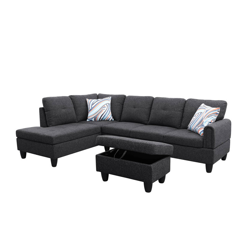 Upholstered L-Shaped Sectional, Left Hand Facing, Black Gray Linen Blend