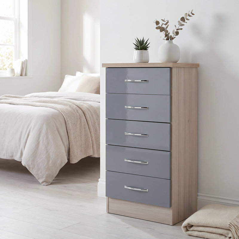 Kosie 5 Drawer Narrow Chest, Grey Gloss/Light Oak Effect Veneer