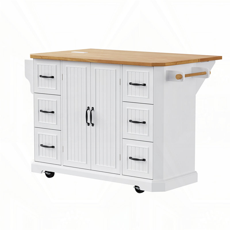 Îlot de cuisine 56 po avec abattant en placage de bois d'hévéa, Blanc