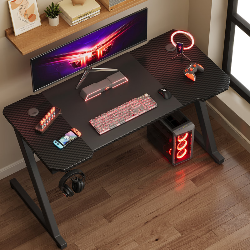Ergonomic Black Gaming Desk PC Computer Desk Home Office With Headphone Hook, Black, 75cm H x 120cm W x 60cm D