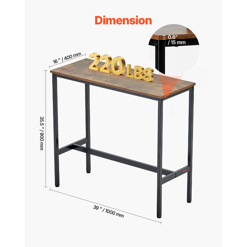 Table de bar, table de pub robuste à structure en métal, table de salle à manger étroite et longue, bureau à hauteur de comptoir à cocktail, facile à assembler, 39 x 16 x 35,5 po, pour le salon, brun rustique et noir