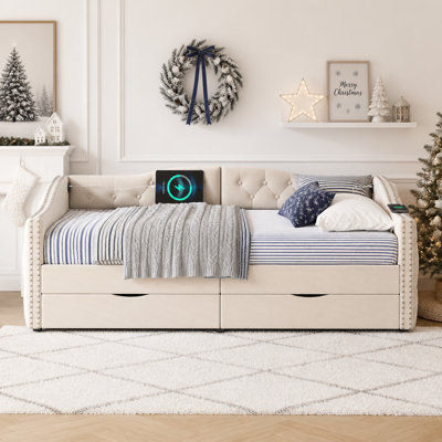 Lit de jour rembourré avec tiroirs de rangement, taille simple en bois, aucun sommier nécessaire, gris élégant