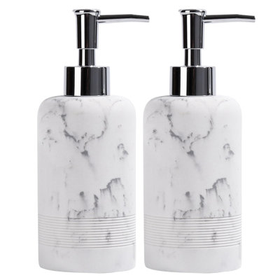 2Pcs/Set Hand Soap Dispenser Sets - 10.8Oz Refillable Resin Liquid Soap Dispensers With Rust-Proof Pump For Bathroom Countertop Or Kitchen, Marble White