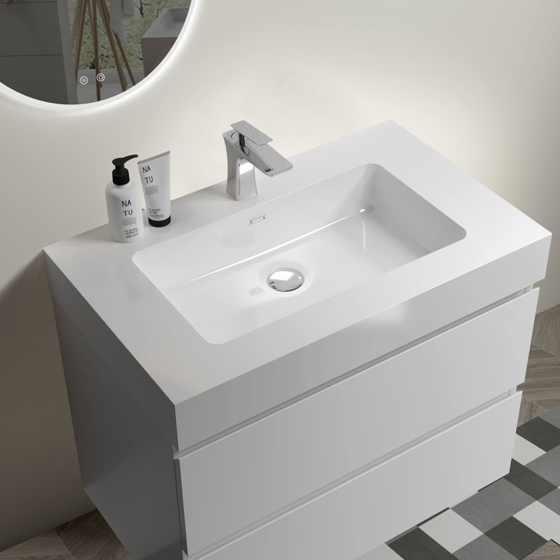 Élégant lavabo à surface solide blanc brillant pour une salle de bain élégante, sans drain ni robinet chic et pratique