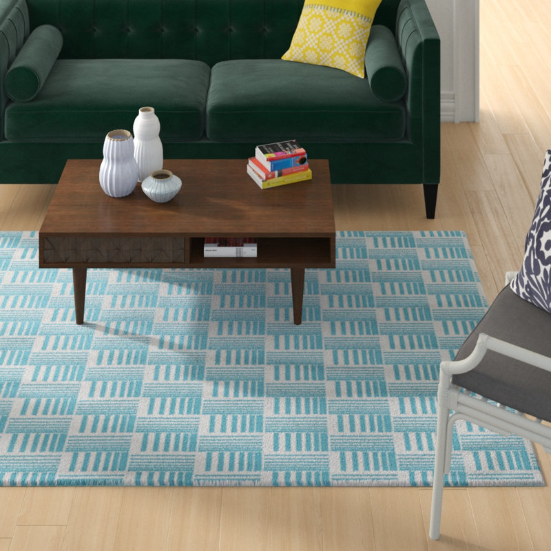 Tapis décoratif bleu classique à rayures tressées, Rectangle 5 pi x 7 pi