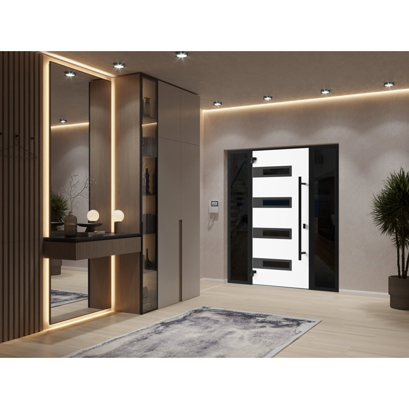 Porte avant en acier pré-suspendue avant / Ronex 0131 gris / 2 fenêtres extérieures latérales / Entrée latérale en métal peint moderne l 12 + 36 + 12 po x H 80 po à droite