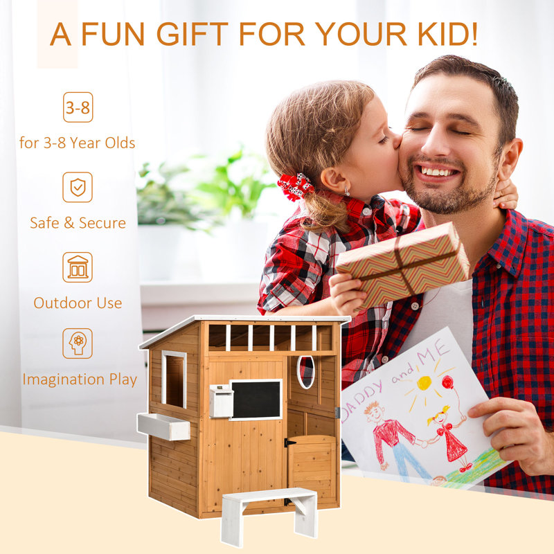 Outsunny Wooden Kids Playhouse with Bench and Flower Pot Holder