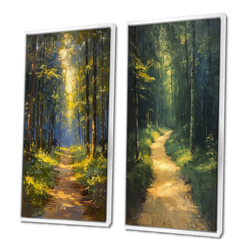 Sentier vert et jaune dans un bois murmurant l'été I - ensemble d'art mural forêt, H 40 po x l 40 po, Impression encadrée