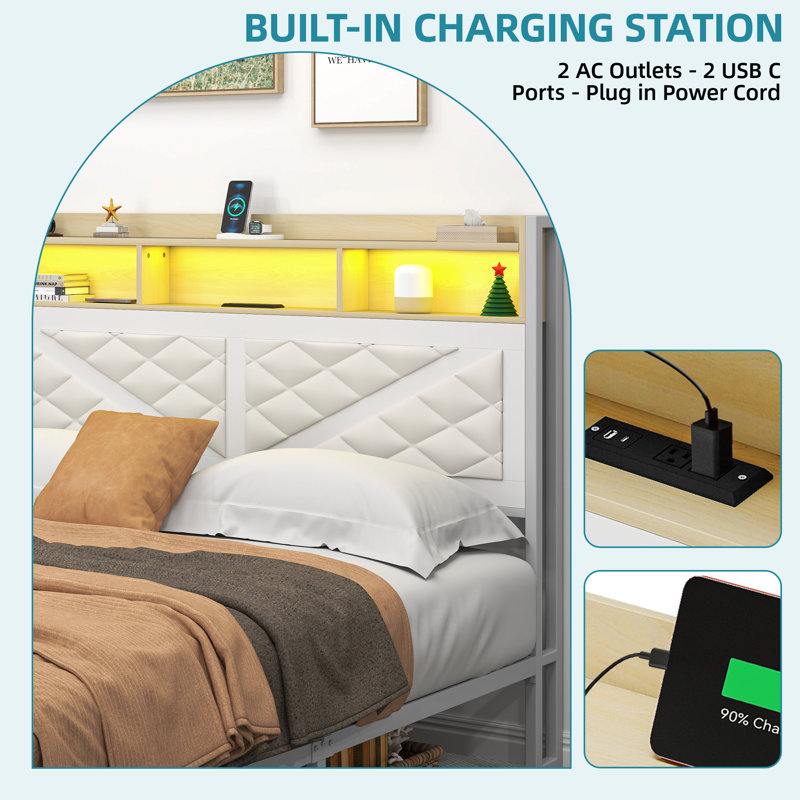 Lit plateforme à panneau de rangement tapissier, Beige, Très grand