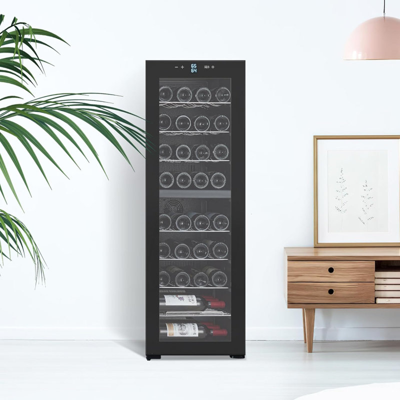 21-Inch Wine Cooler Refrigerator with 39-Bottle Capacity, Built-In or Freestanding, Quiet Operation, Sliding Shelves, Reversible Glass Door