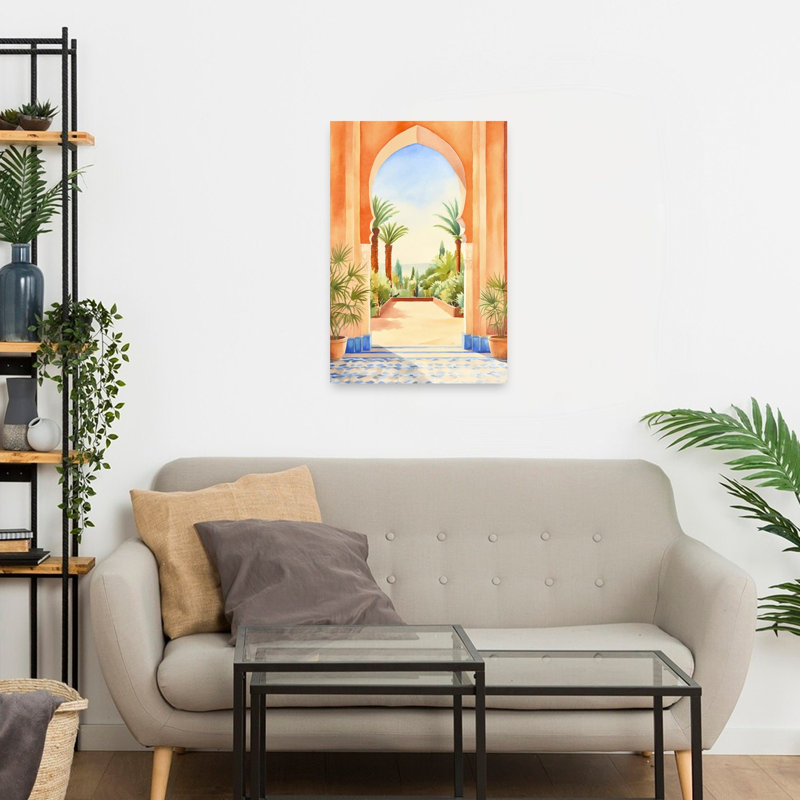 Arche marocaine, vue sur le jardin, paysage abstrait de palmiers, art mural nature, H 24 po x l 16 po