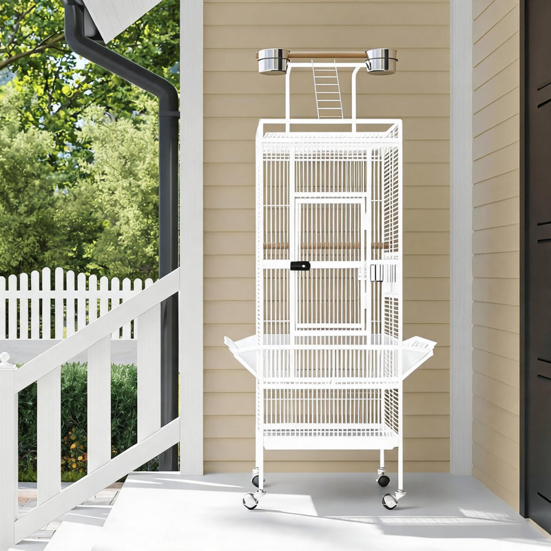 Volière roulante en métal de grande hauteur avec support, pour perroquets, perruches et calopsittes, utilisable à l'intérieur et à l'extérieur.