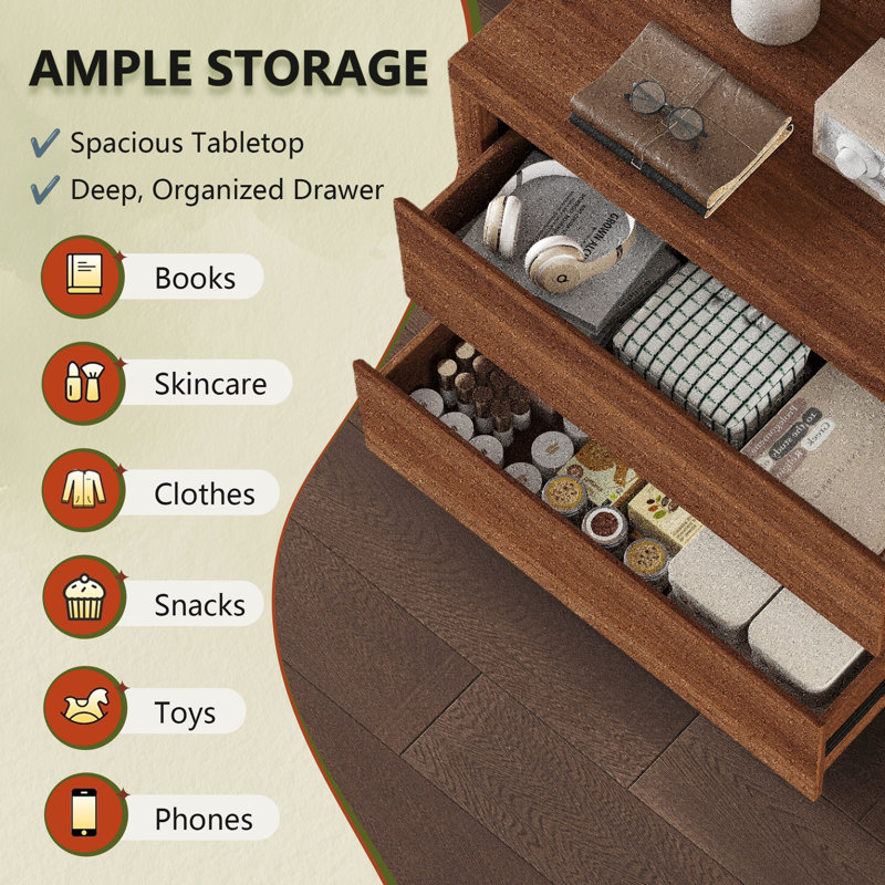 Ensemble de 2 tables de chevet avec station de recharge cachée, table de chevet étroite avec 2 prises de courant, ports USB et de type C, tiroir et tablette ouverte, table de bout à grain de bois pour les petits espaces de chambre à coucher (noyer brun, l 33 po)
