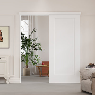 80"H 1-Panel Hidden Style Track White Sliding Barn Door With Installation Hardware Kit – Primed Surface, Hollow Core