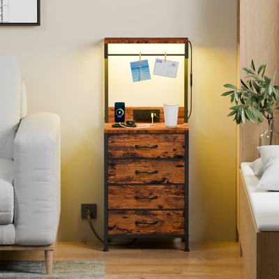 Bedside Tables with 2-Tier Open Shelf & 4 Drawers, Nightstands with 2 USB Ports & Power Outlets