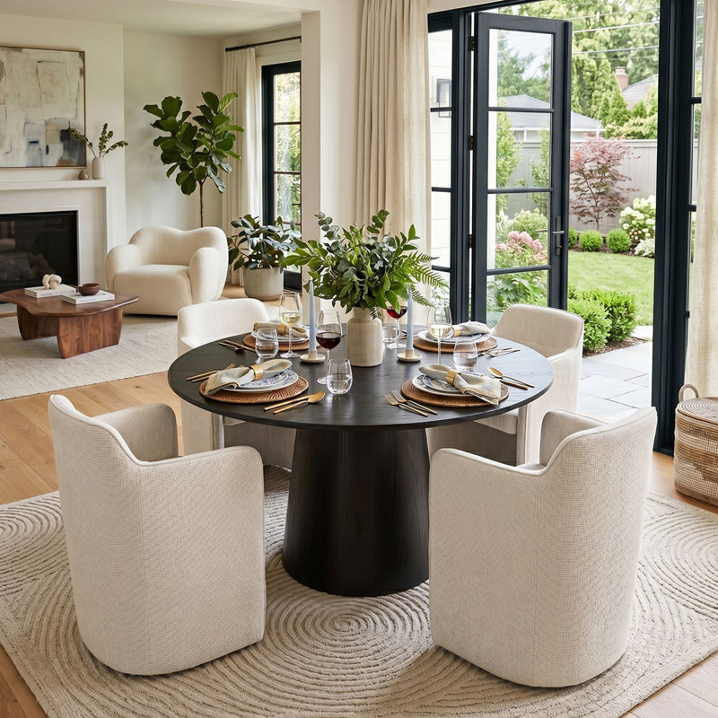 4 - Person Dining Table Sets With Solid  Round Table & 4 Upholstered Fabric Chairs, Black, Beige