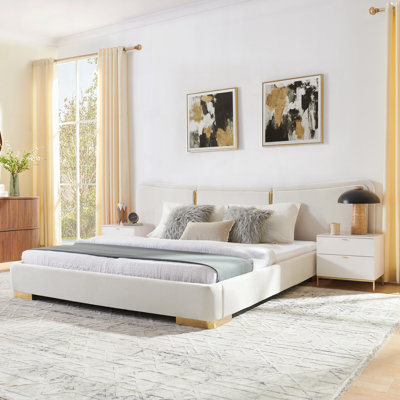 Queen Size Extra Large Platform Bed, Soft Chenille Fabric Frame