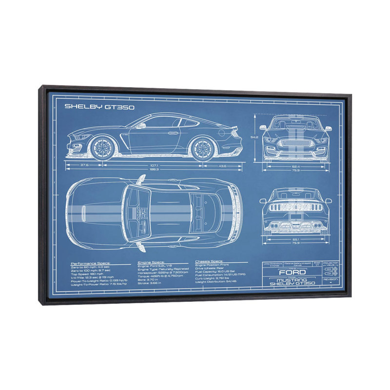 GT350 Shelby (2015-2019) Blueprint-impression de dessin, Pas de tapis, H 40 po x l 60 po x P 1,5 po