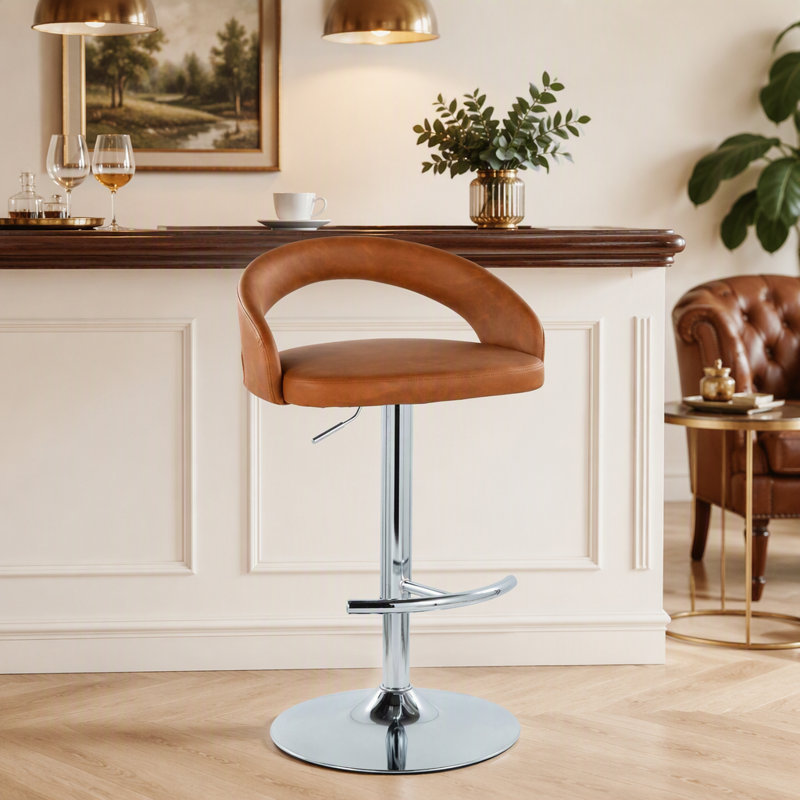 Tabouret de bar réglable en métal chromé et similicuir brun clair avec repose-pieds arrondi en T - ensemble de 2, 2